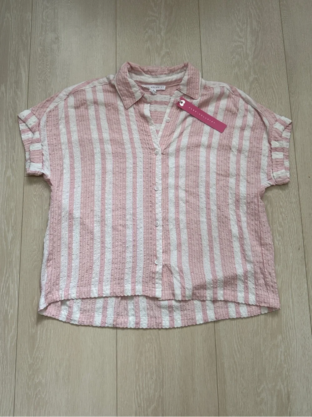Jane and Delancey Pink and White Striped Short-Sleeve Button-Up Blouse